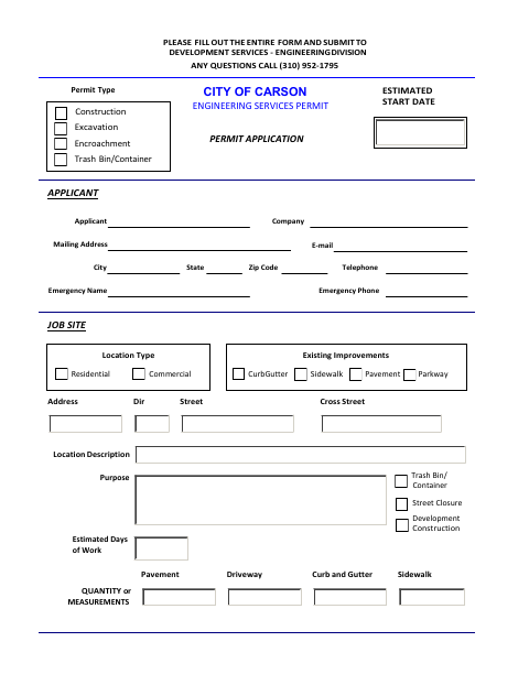 First page of the Engineering Services Permit Application
