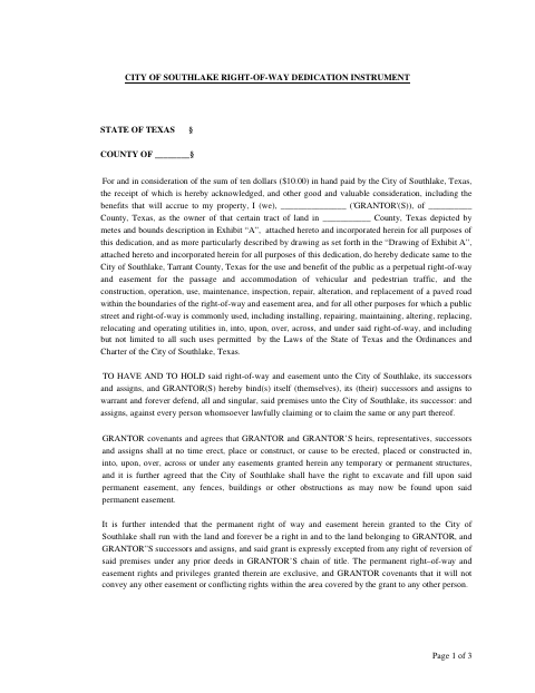 First page of the Right-of-Way Dedication Instrument
