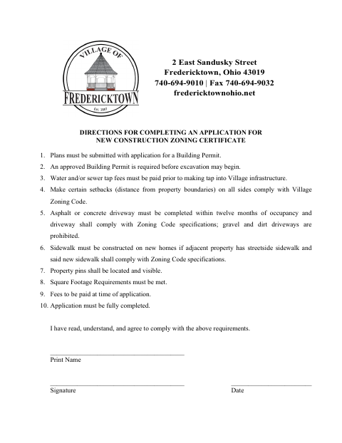 First page of the Application for Zoning Certificate – New Construction