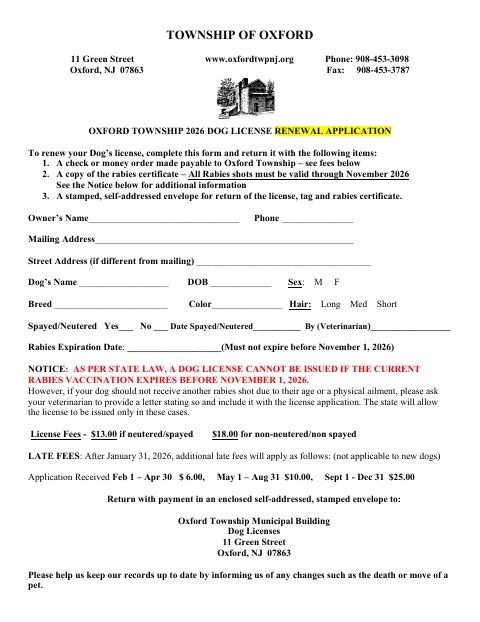 First page of the 2026 Dog License Renewal Application
