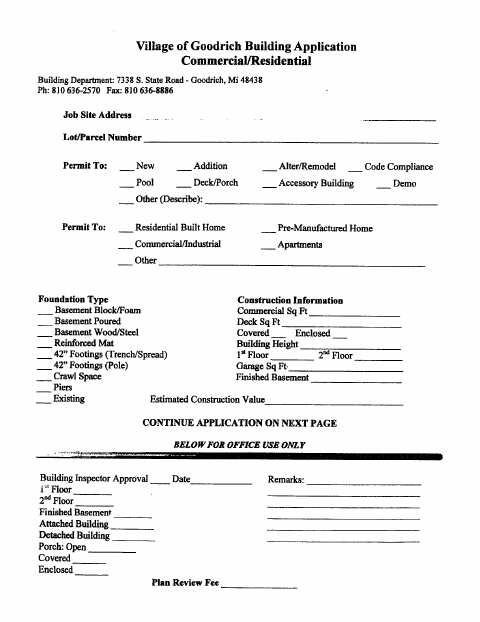 First page of the Commercial Building Permit Application