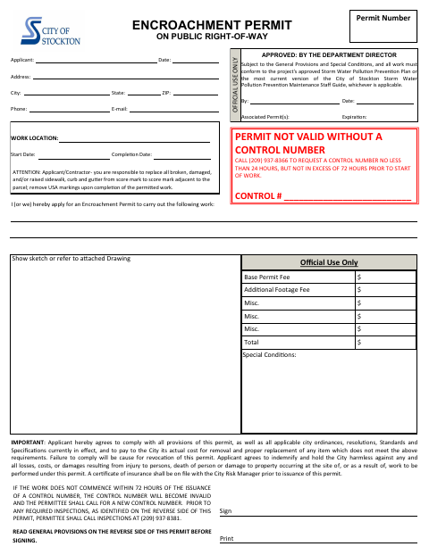 First page of the Encroachment Permit Application