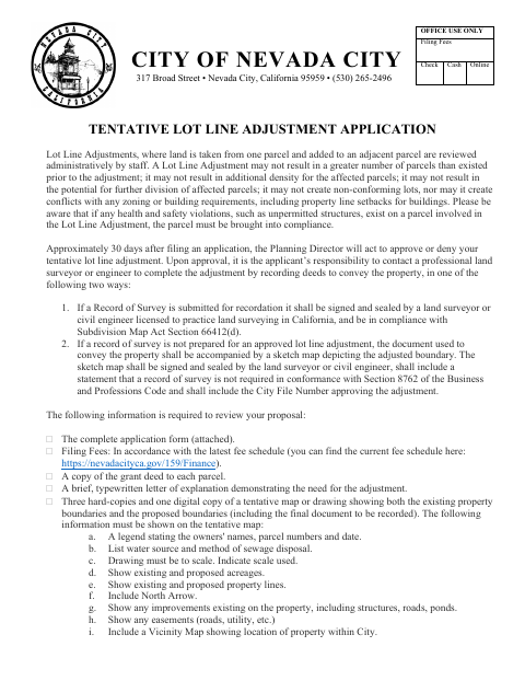First page of the Tentative Lot Line Adjustment Application