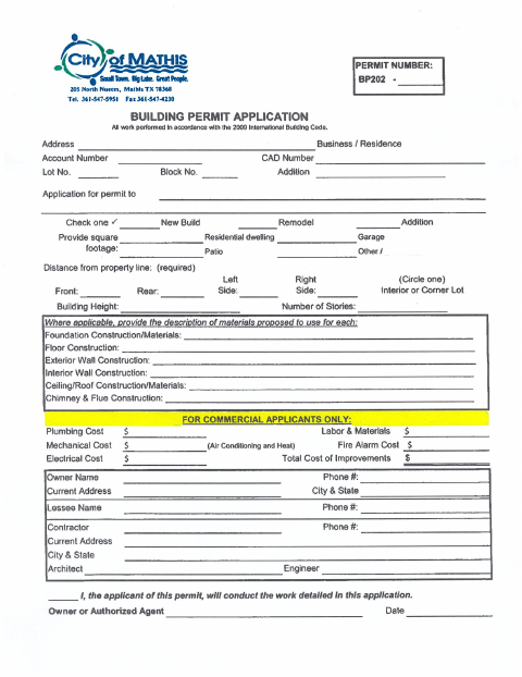 First page of the Building Permit Application
