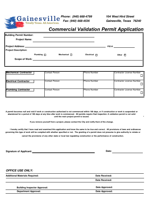 First page of the Commercial Validation Permit Application