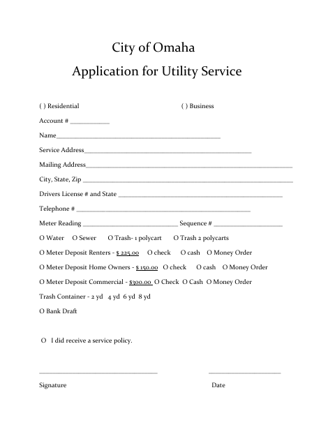 First page of the Application for Utility Service