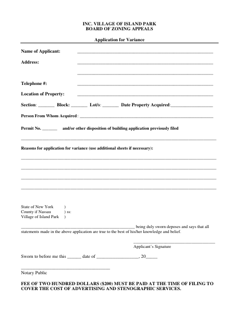 First page of the Application for Variance