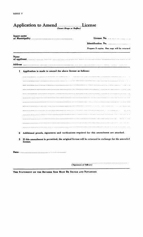 First page of the Application to Amend Bingo or Raffle License