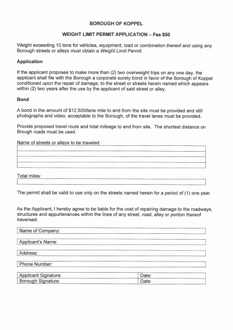 First page of the Weight Limit Permit Application