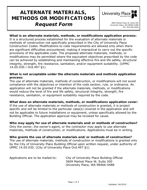 First page of the Alternate Materials, Methods or Modifications Request Form