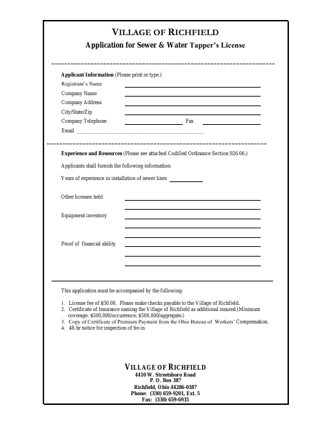 First page of the Application for Sewer & Water Tapper’s License