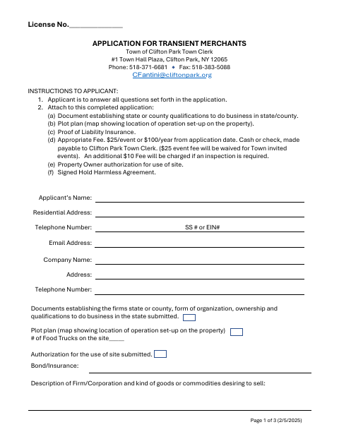 First page of the Application for Transient Merchants