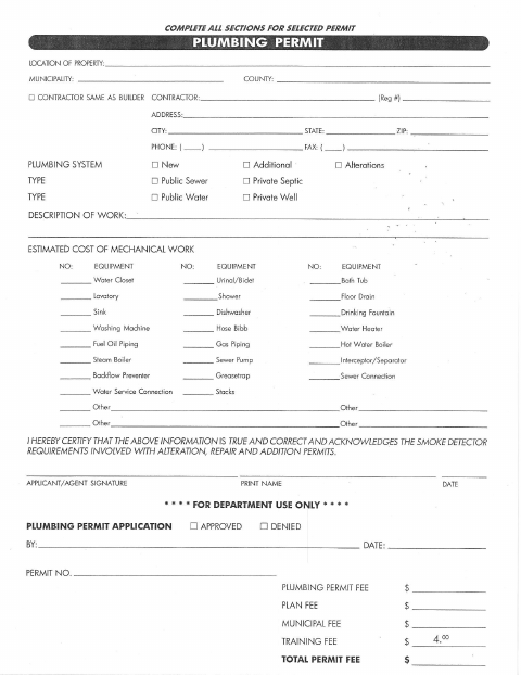 First page of the Plumbing Permit Application