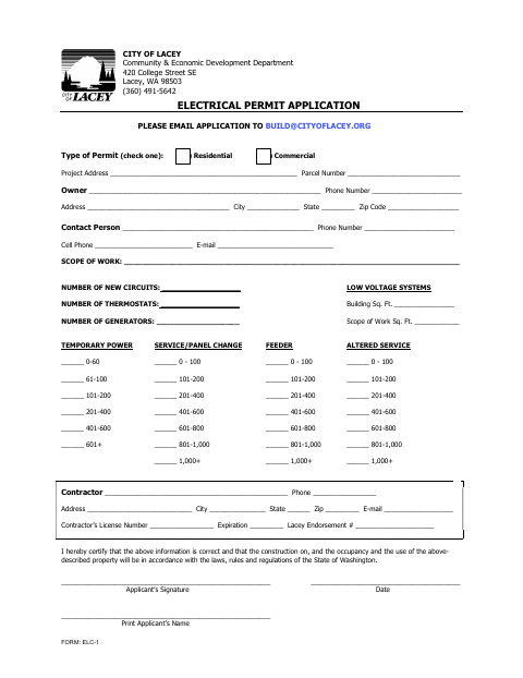 First page of the Electrical Permit Application