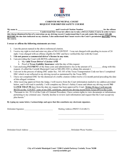 First page of the Driver Safety Course Request