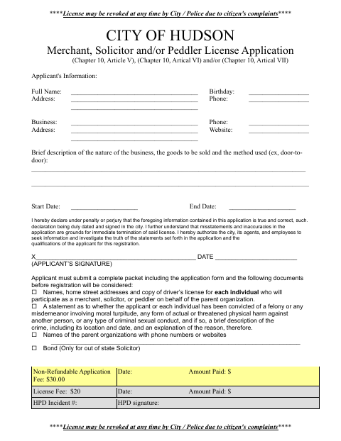 First page of the Merchant, Solicitor and/or Peddler License Application