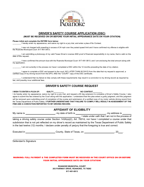 First page of the Driver’s Safety Course Application