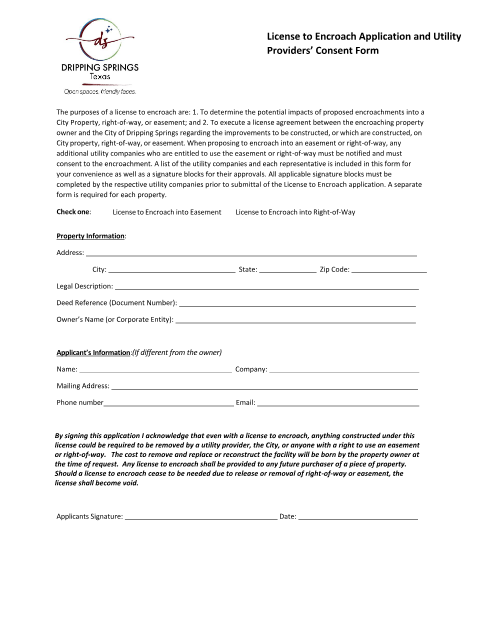 First page of the License to Encroach Application and Utility Providers’ Consent Form