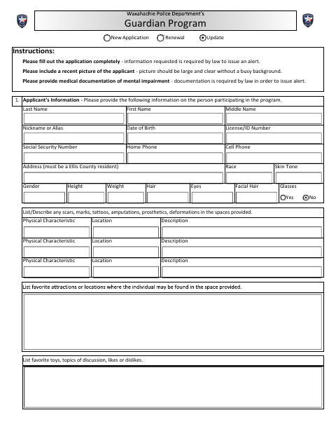 First page of the Guardian Program Form