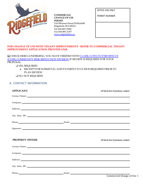 First page of the Commercial Change of Use Permit