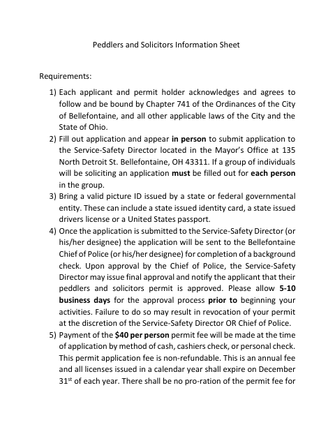 First page of the Peddlers and Solicitors Permit Application