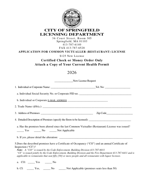 First page of the Common Victualler (Restaurant) License Application