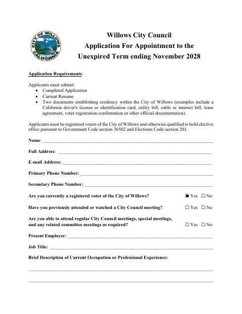 First page of the Application for Appointment to the Unexpired Term Ending November 2028
