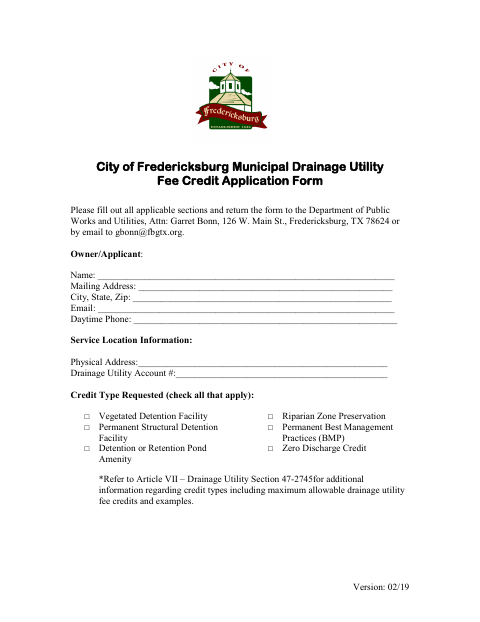 First page of the Municipal Drainage Utility Fee Credit Application Form