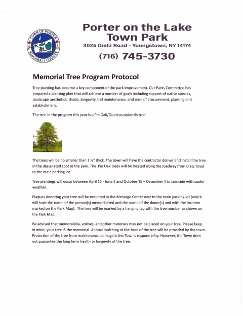 First page of the Memorial Tree Program Application