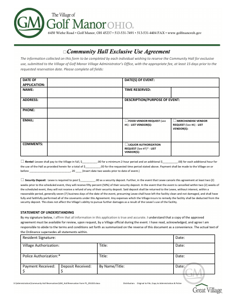 First page of the Community Hall Exclusive Use Agreement