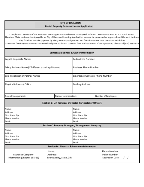 First page of the Rental Property Business License Application
