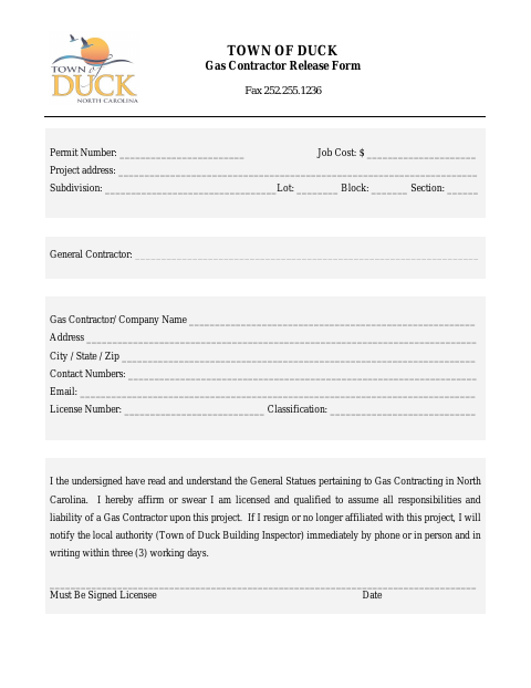 First page of the Gas Contractor Release Form