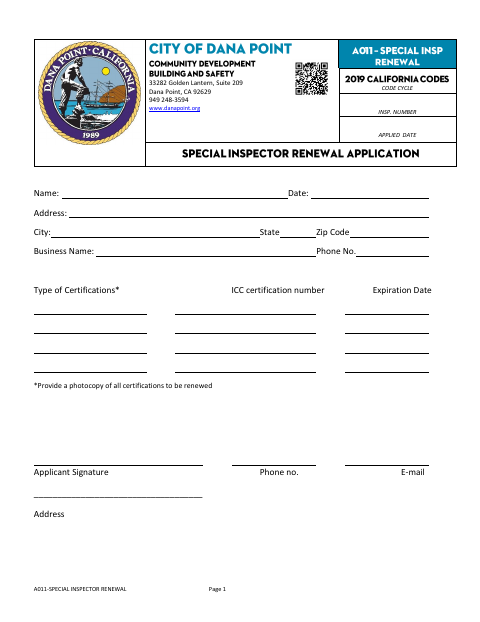 First page of the Special Inspector Registration Renewal Application
