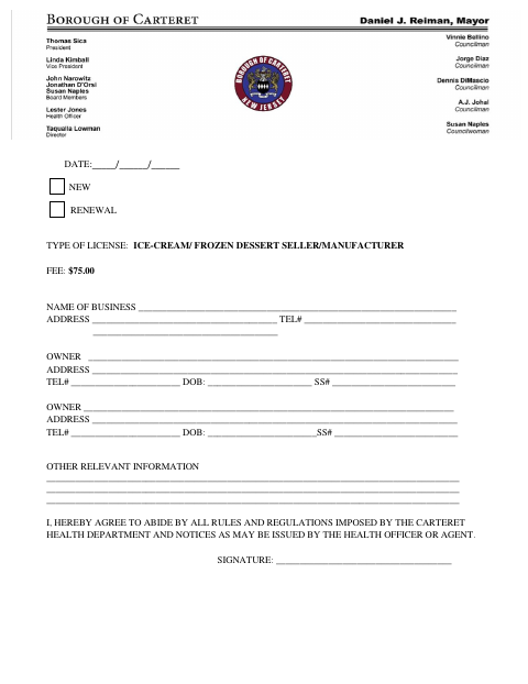 First page of the Frozen Dessert Seller License