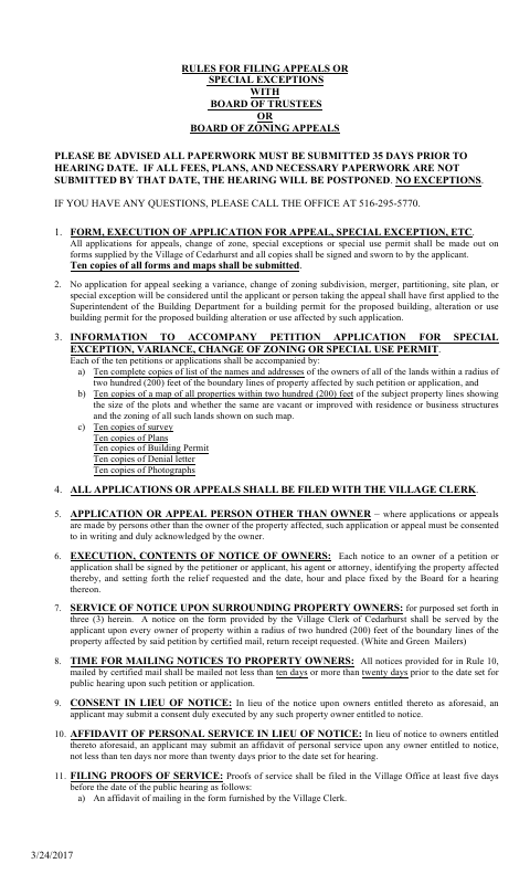 First page of the Variance Application