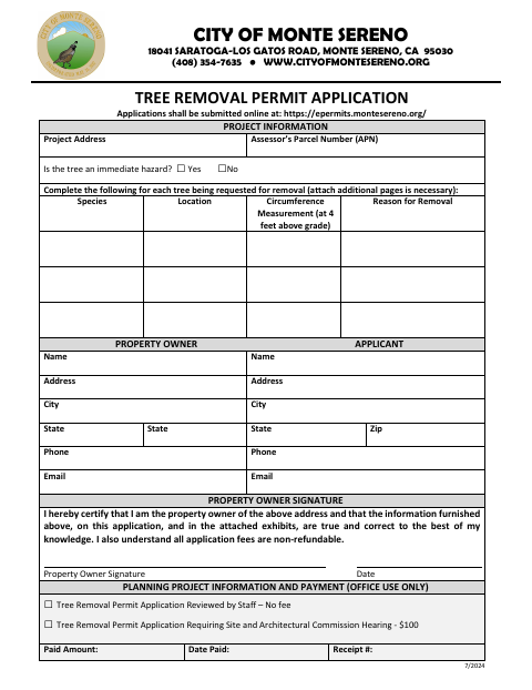 First page of the Tree Removal Permit Application