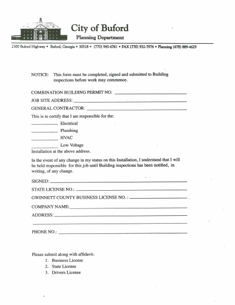 First page of the Plumbing, Electrical, and HVAC Affidavit