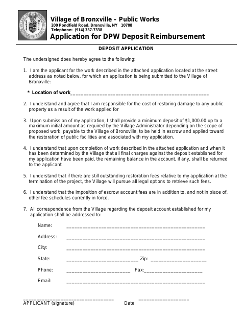First page of the Application for DPW Deposit Reimbursement