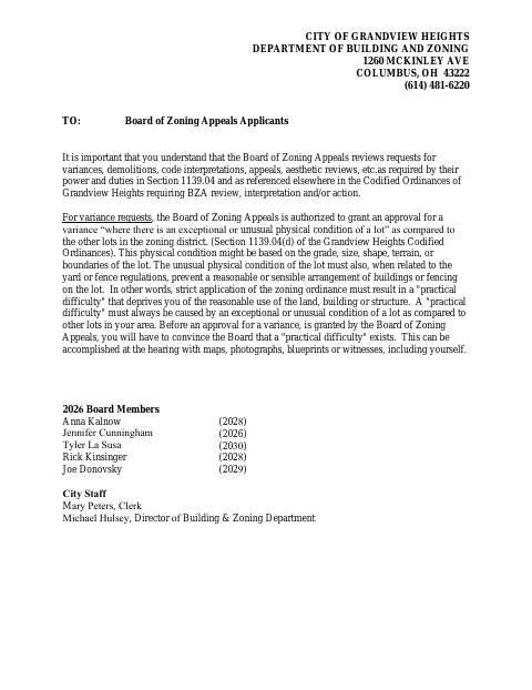 First page of the Board of Zoning Appeals Application