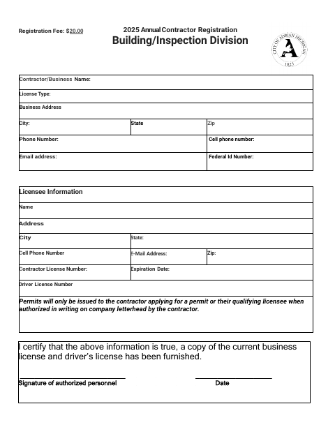 First page of the Contractor Registration Application