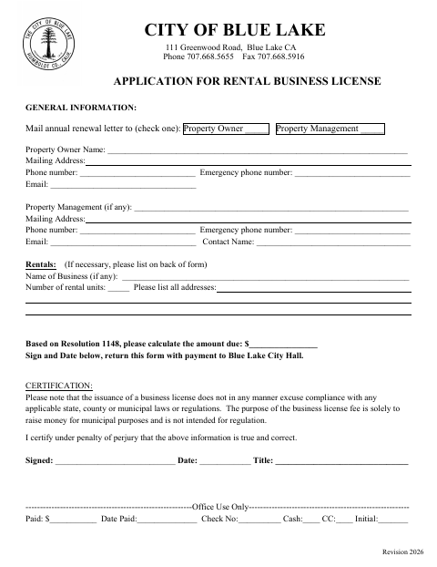 First page of the Rental Business License Application