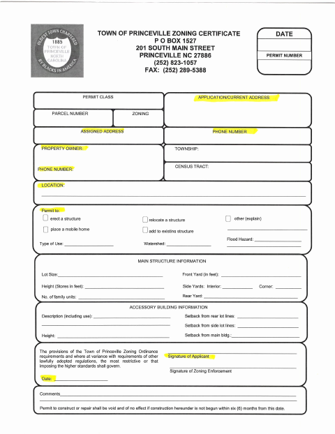 First page of the Zoning Certificate