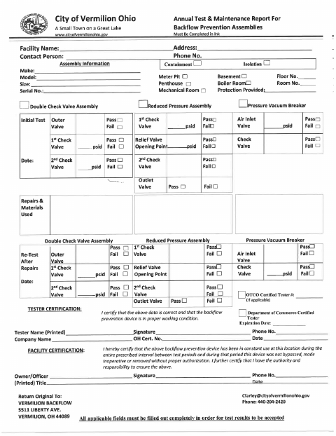 First page of the Backflow Annual Test and Maintenance Report