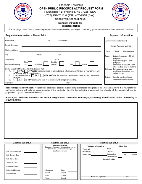First page of the Open Public Records Act Request Form
