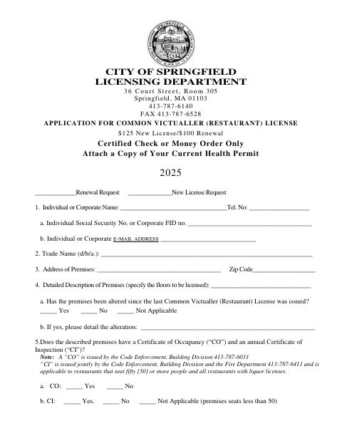 First page of the Common Victualler License Application