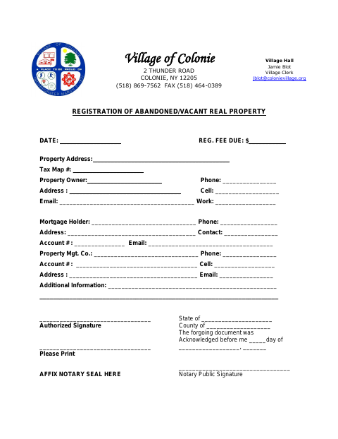First page of the Registration of Abandoned/Vacant Real Property