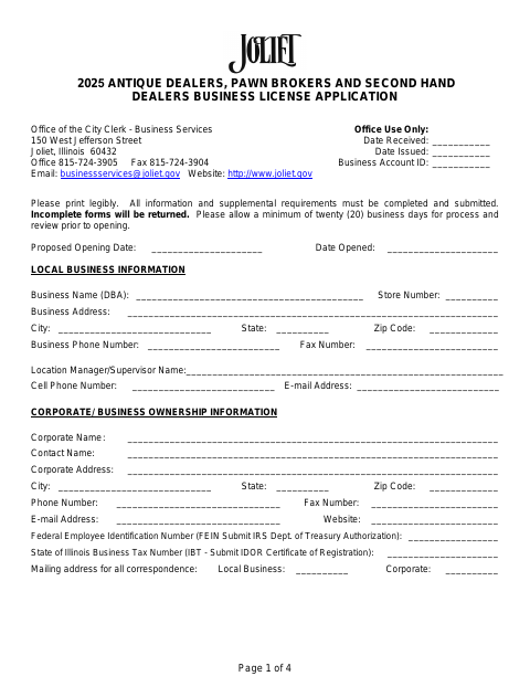 First page of the Antique Dealers, Pawn Brokers and Second Hand Dealers Business License Application