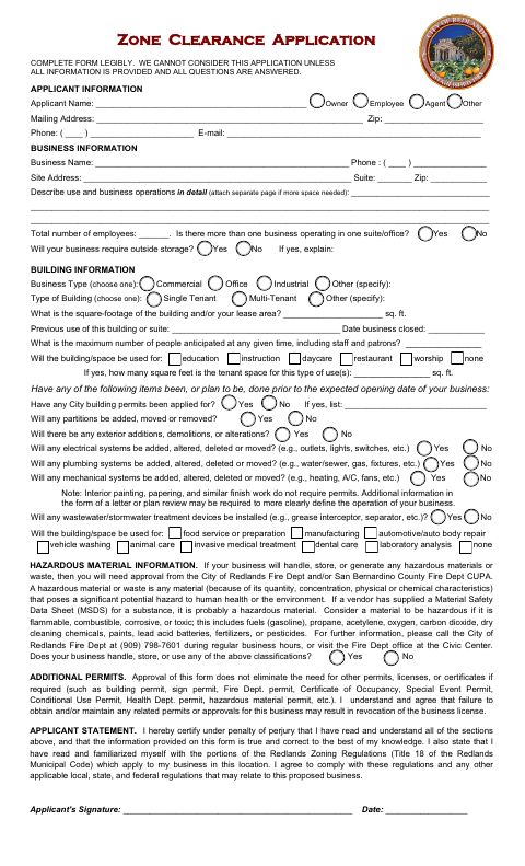 First page of the Zone Clearance Application