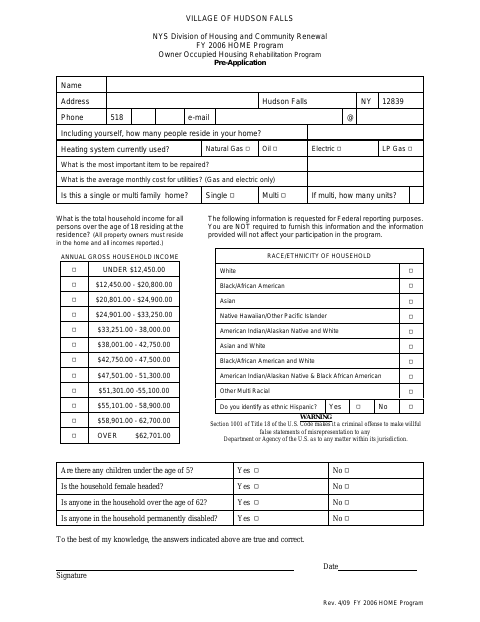 First page of the Owner-Occupied Housing Rehabilitation Program Pre-Application