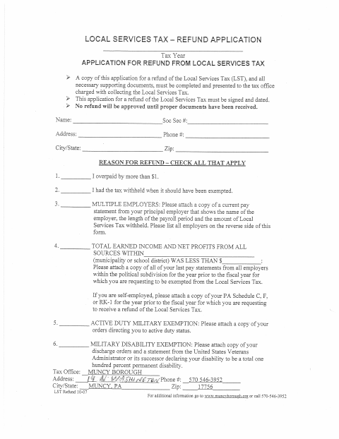 First page of the Local Services Tax Refund Application